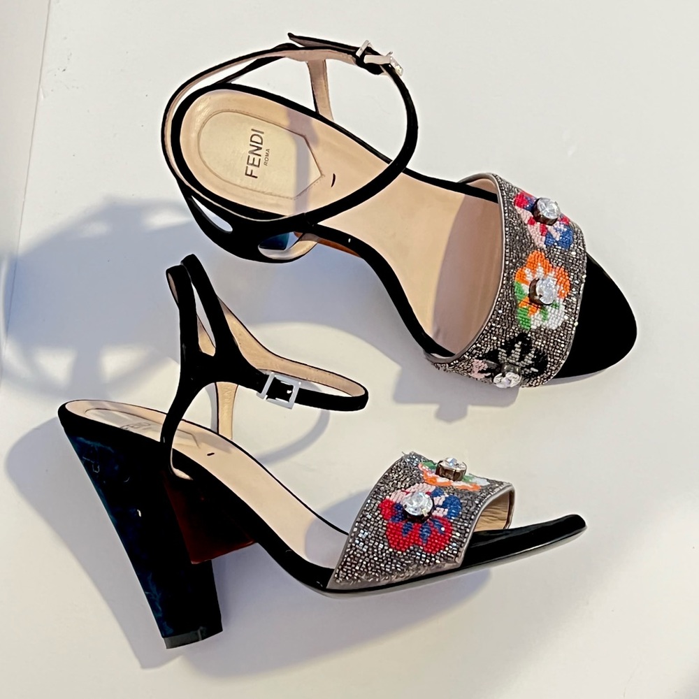 Fendi Velvet And Patent Leather Flowerland Ankle Strap Sandals Size 39